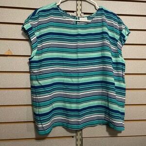 Stylus Women's Striped Short Sleeve Top Mint Blue White Navy Boat Neck Button XL